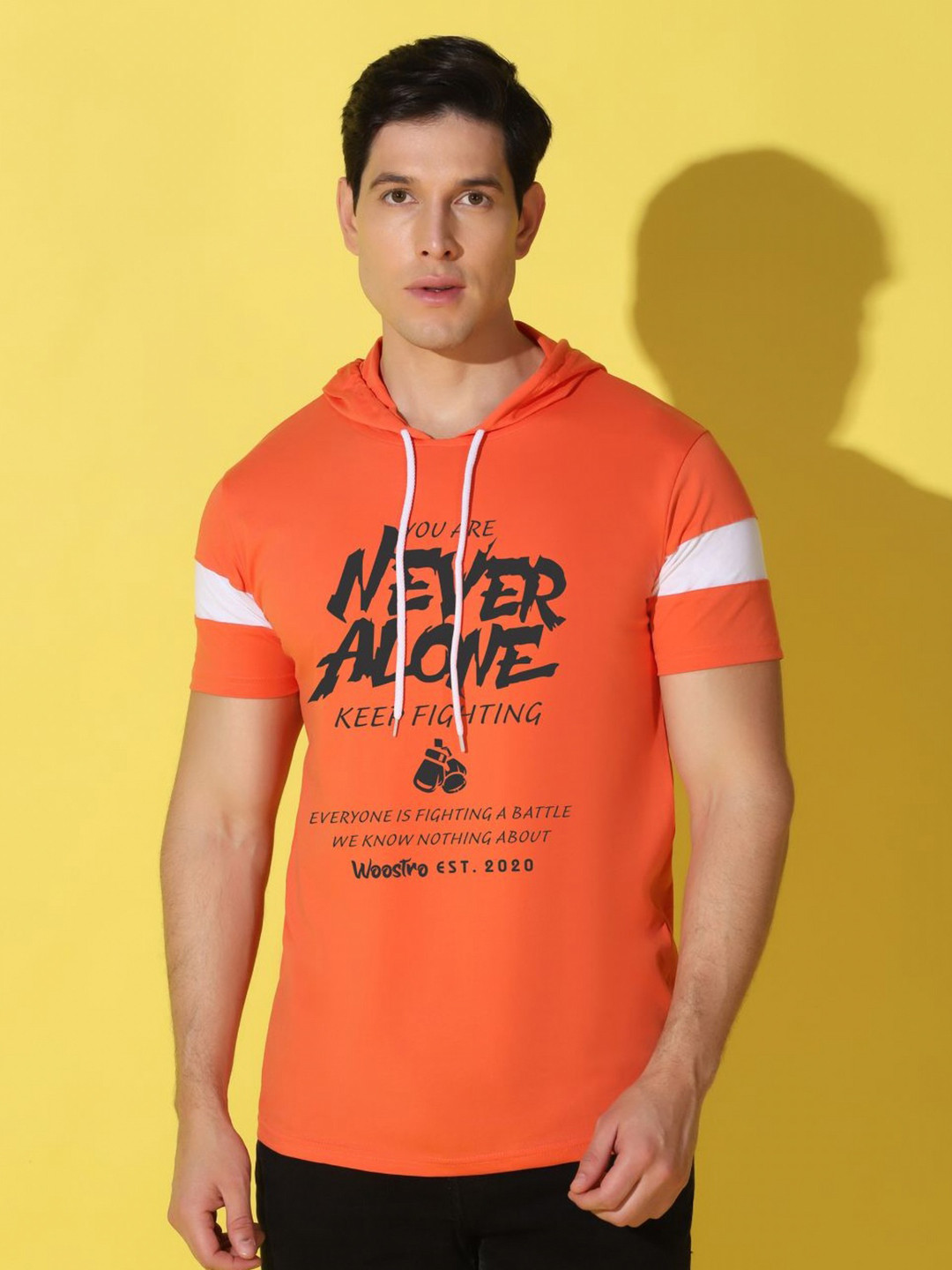 

WOOSTRO Men Typography Printed Hooded Slim Fit T-shirt, Orange