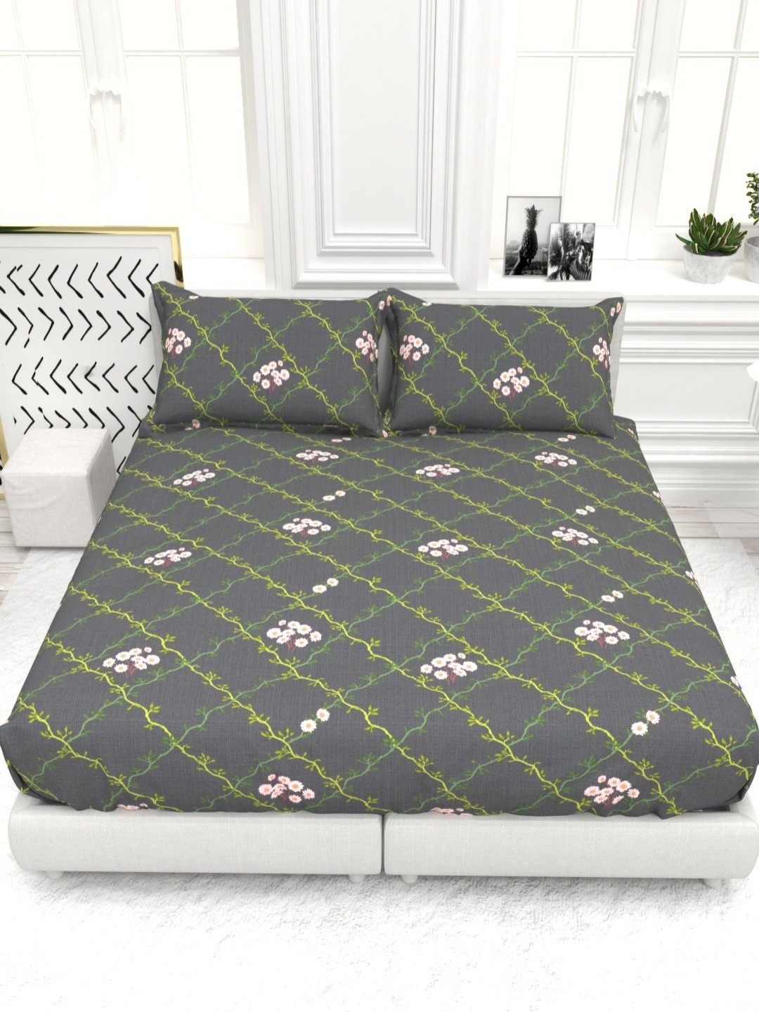 

THE WHITE MOSS Grey & White Printed 210 TC Queen Bedsheet Set - 2.25 m X 2.55 m