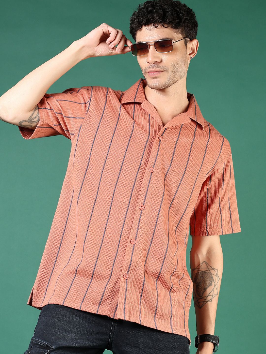 

V-Mart Men Opaque Striped Casual Shirt, Rust