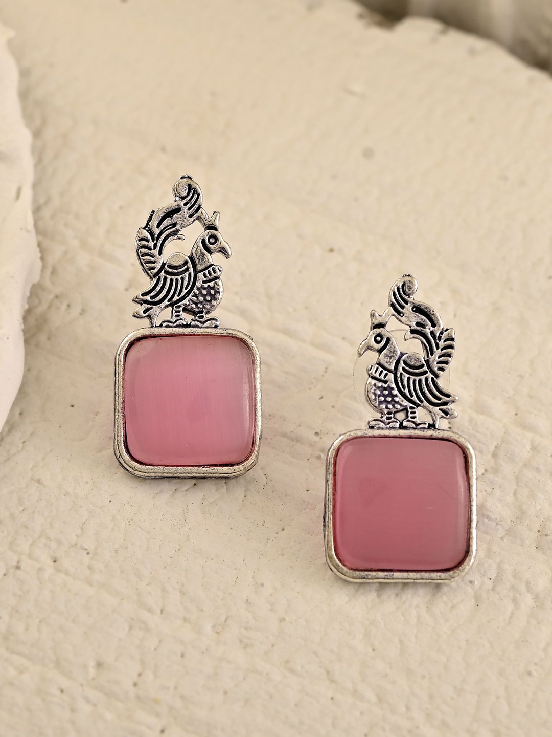 

DASTOOR Gold-Plated Square Shaped Artificial Stones Studs, Pink