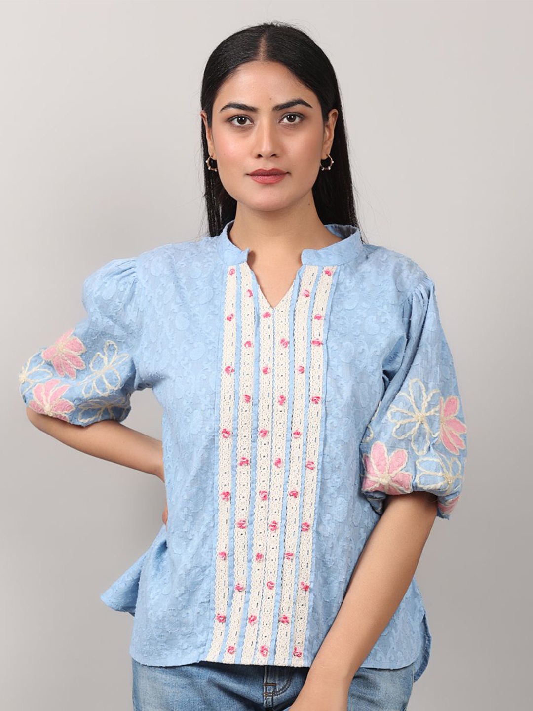 

Oskos Floral Embroidered Mandarin Collar Cotton Top, Blue