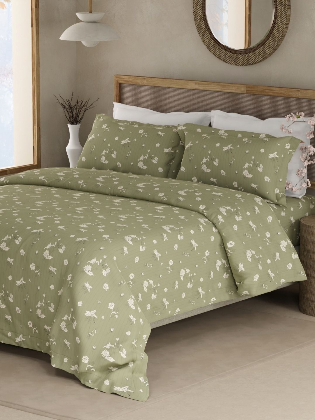 

Boutique Living India Green & White Printed Cotton 300TC King Bedsheet Set 2.74m x 2.74m