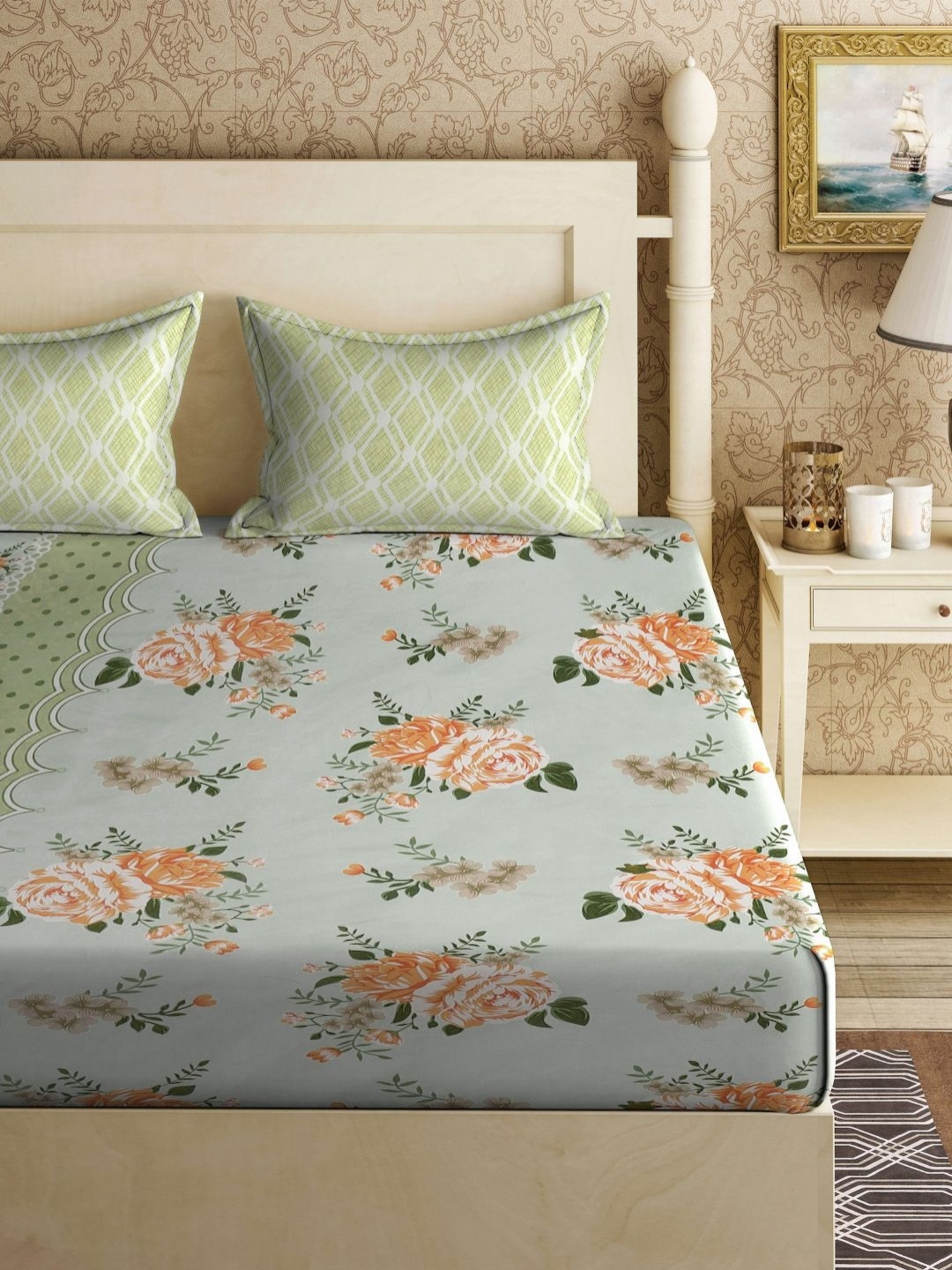 

Myntra Elegant Homes Green & Orange Printed 300 TC King Bedsheet Set-2.50 m x 2.25 m