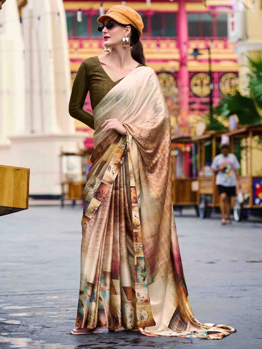 

Mitera Floral Satin Saree, Beige