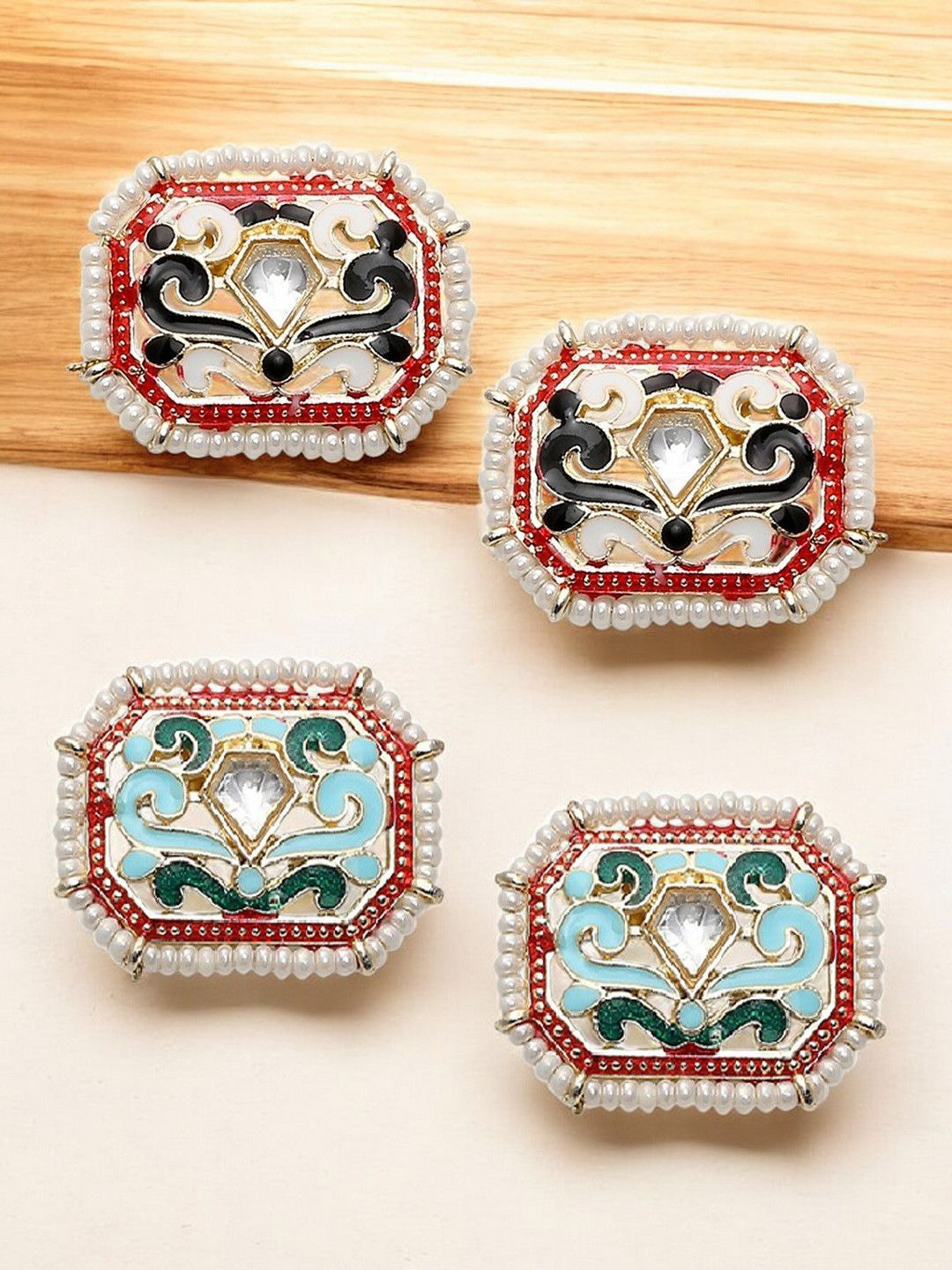 

Anouk Set Of 2 Kundan Studded Geometric Studs, Black