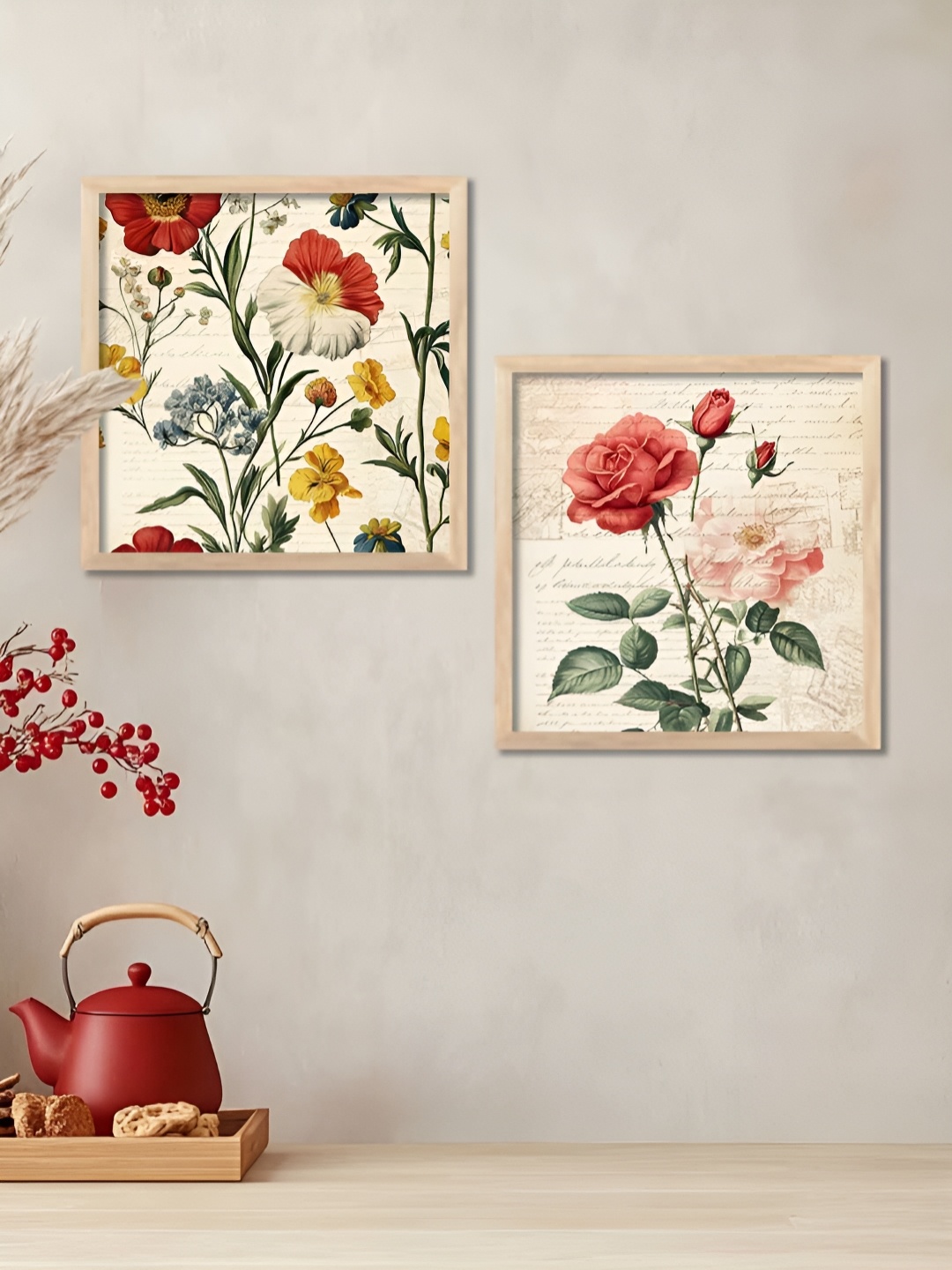 

Kotart Brown & Red 2 Pieces Floral Printed Wooden Wall Paintings