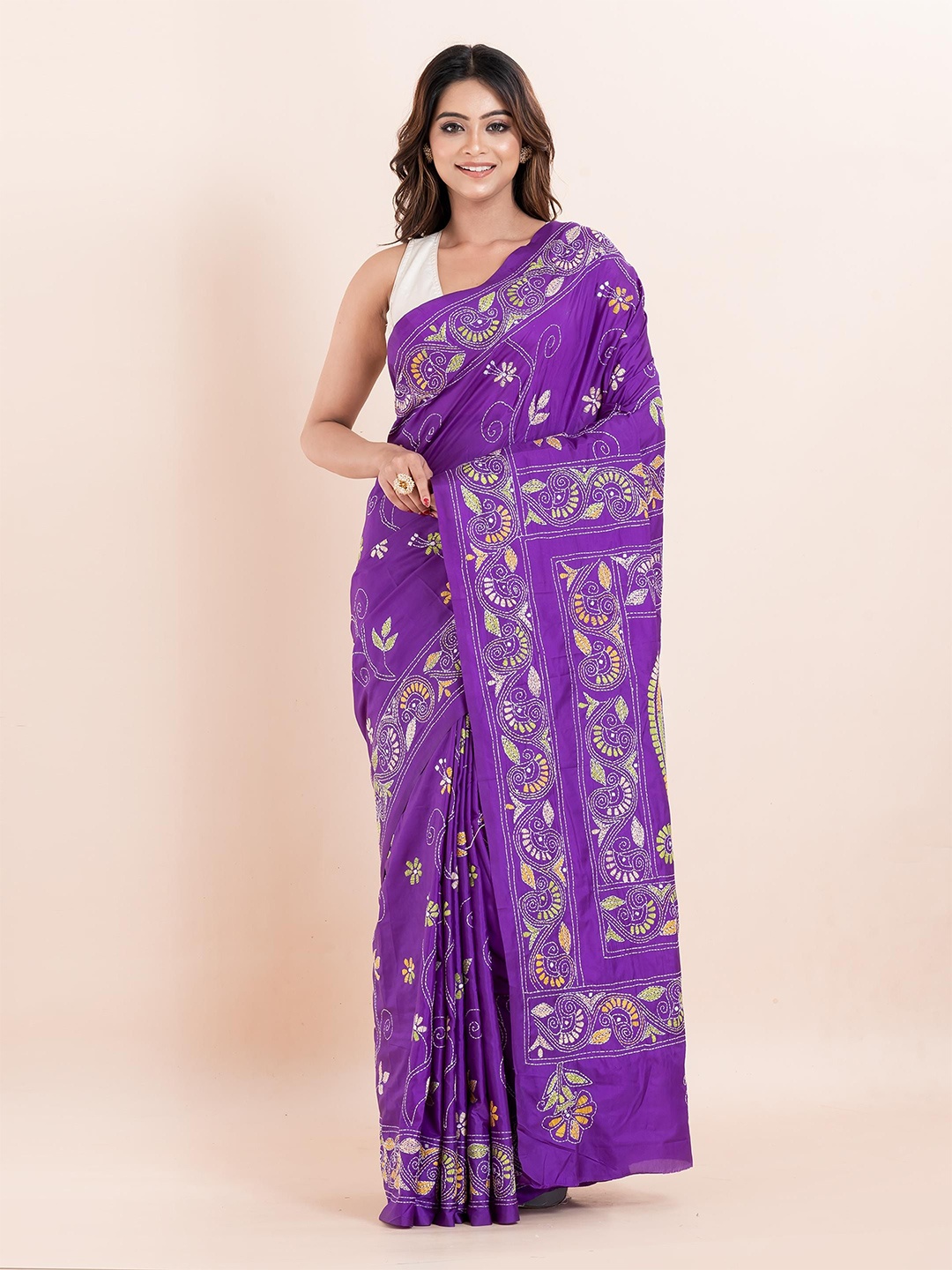 

PUKU Ethnic Motifs Kantha Work Silk Blend Saree, Purple