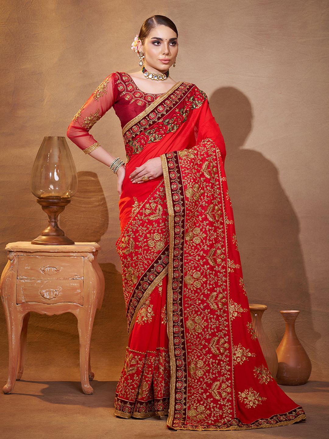

Kalista Floral Embroidered Zari Saree, Red