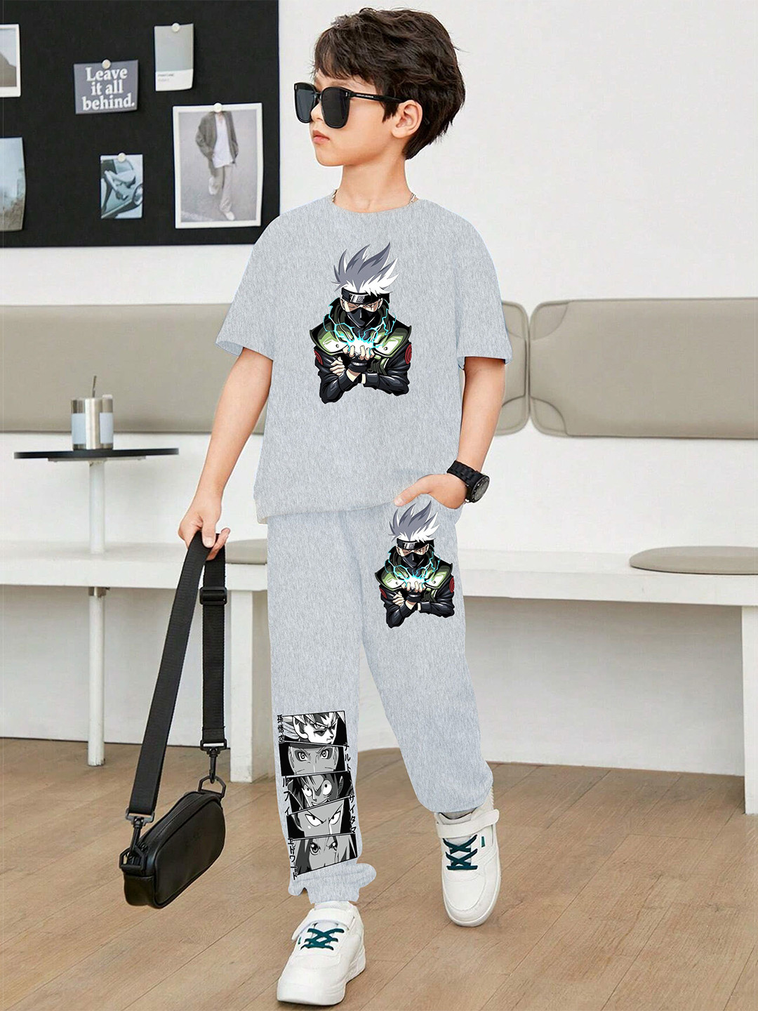 

LOCAVESTIR Boys Printed T-shirt With Joggers, Grey