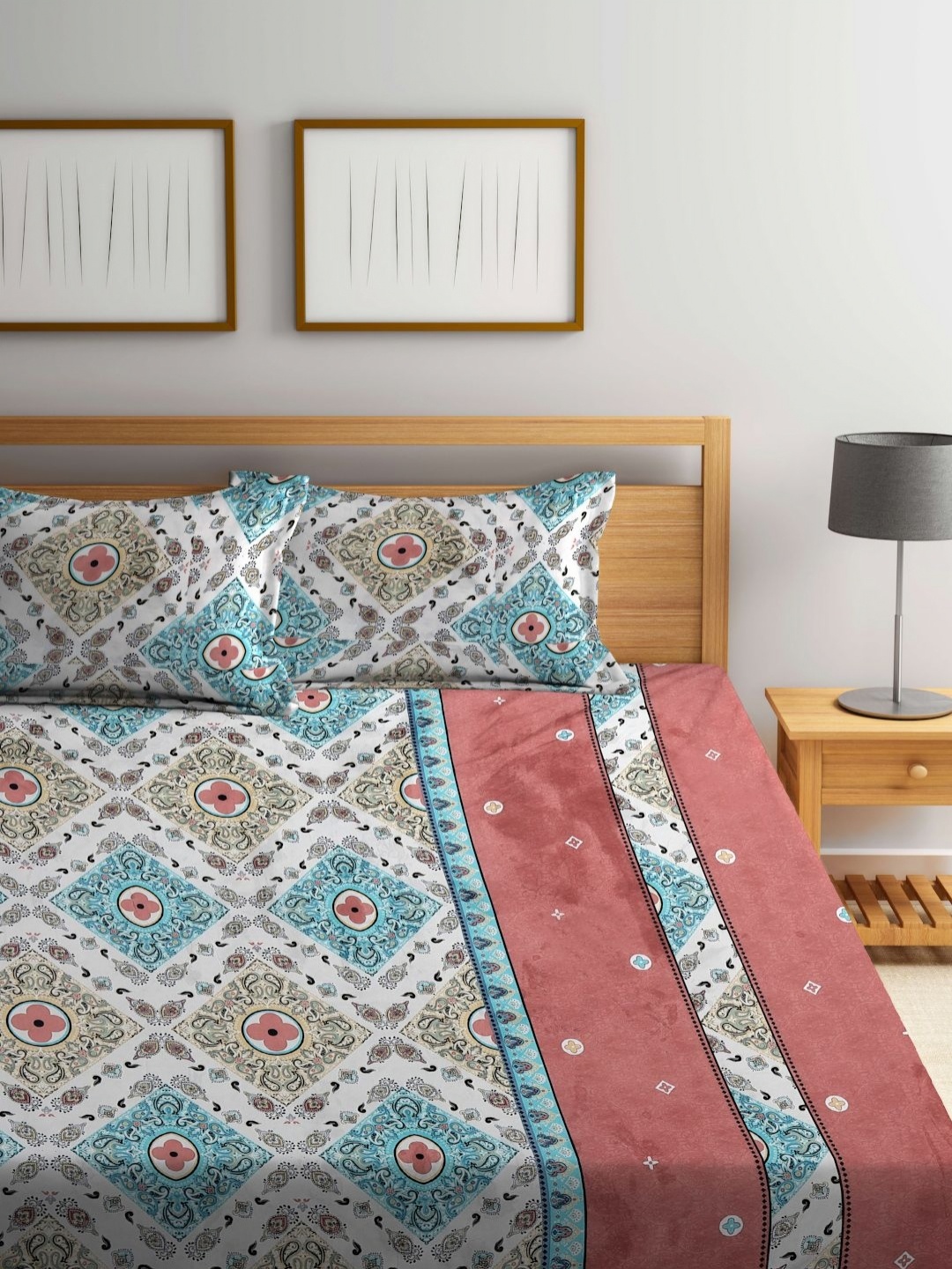 

Myntra Elegant Homes White & Blue Printed 300 TC King Bedsheet Set- 2.70 m x 2.70 m