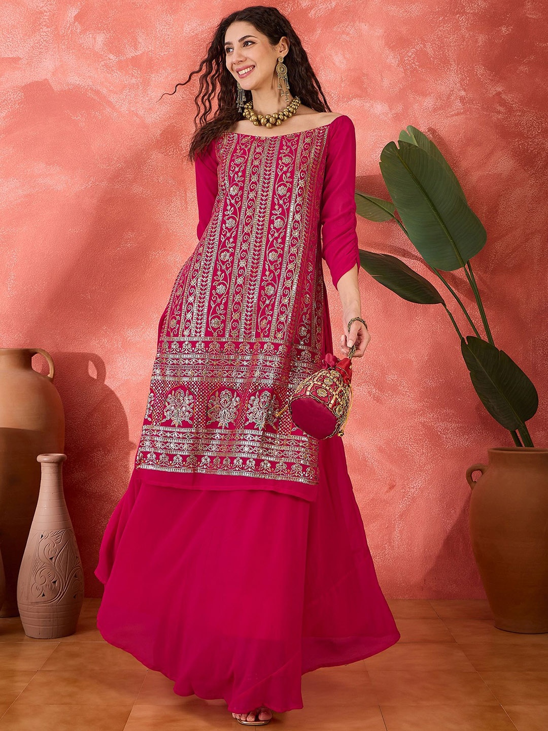 

Sangria Floral Embroidered Boat Neck Sequined Straight Kurta With Skirt, Magenta