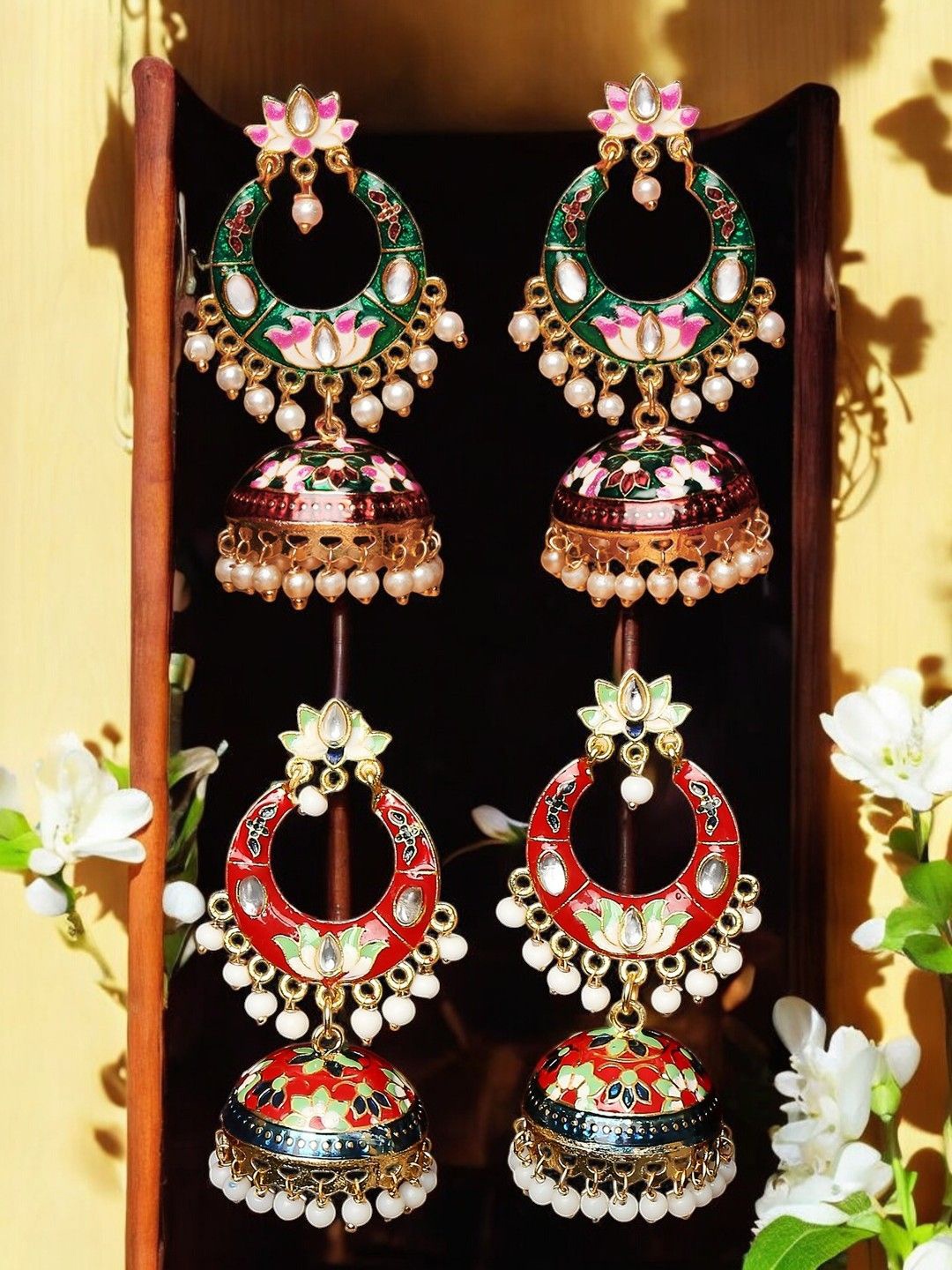 

Anouk Set Of 2 Kundan Studded Dome Shaped Jhumkas, Maroon