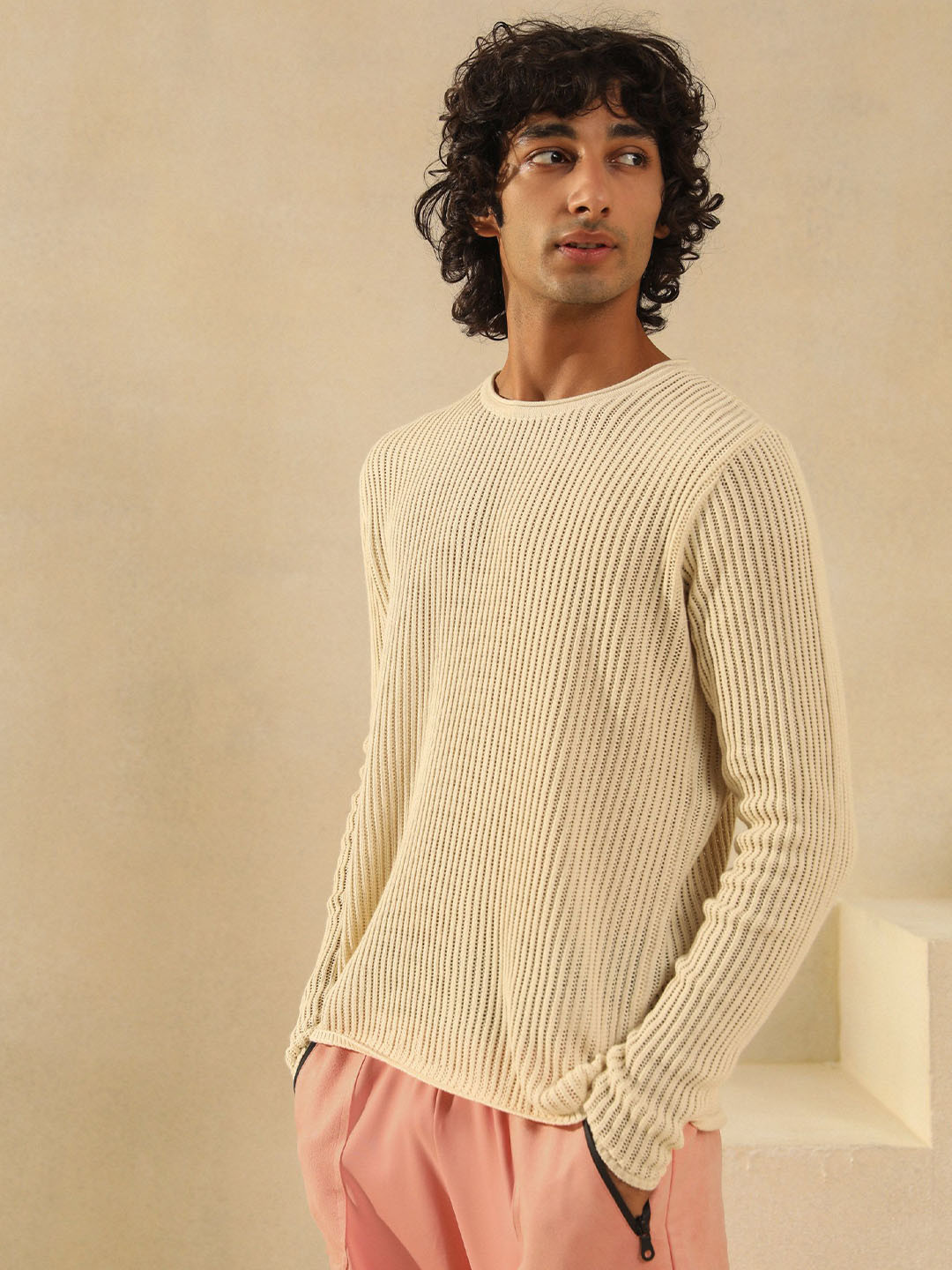 

PRIMAL GRAY Men Solid Sweaters, Cream
