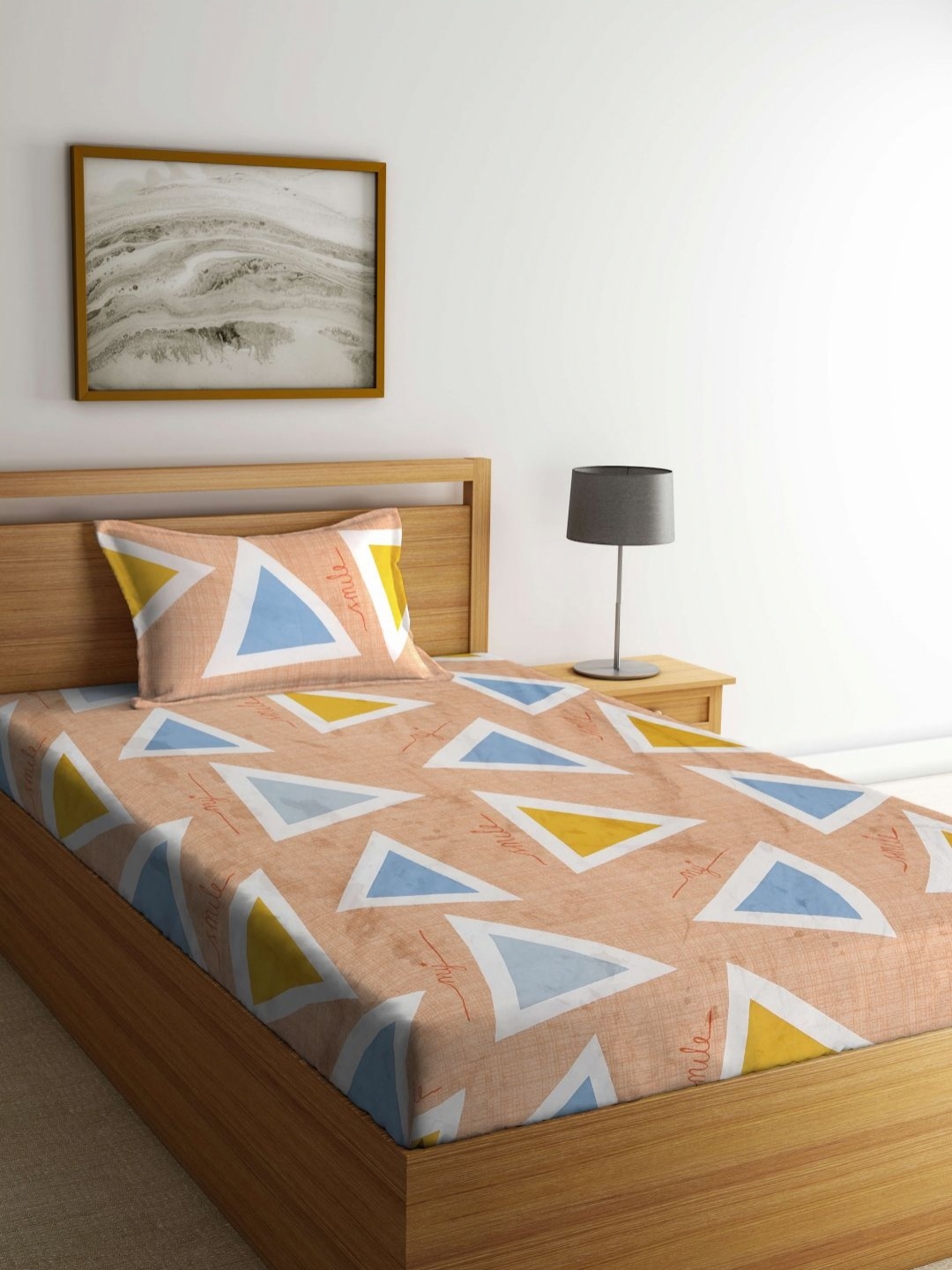 

Myntra Elegant Homes Peach & Blue Printed 300 TC Single Bedsheet Set- 2.25 m x 1.50 m