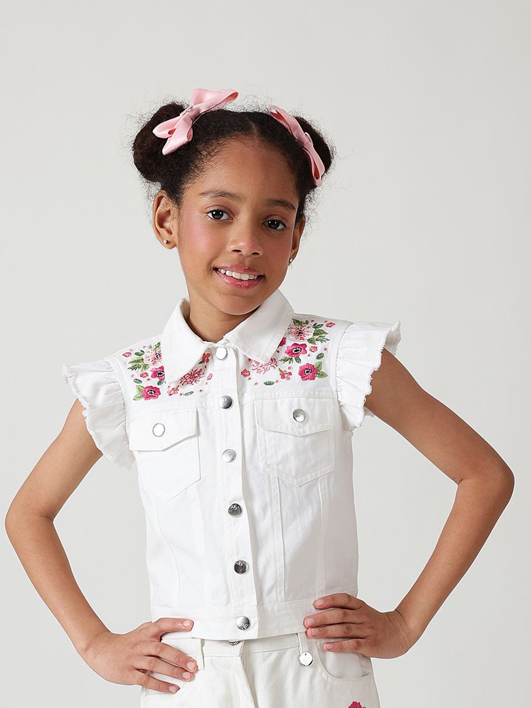 

One Friday Girls Washed Polyester Open Front Jacket with Embroidered, White