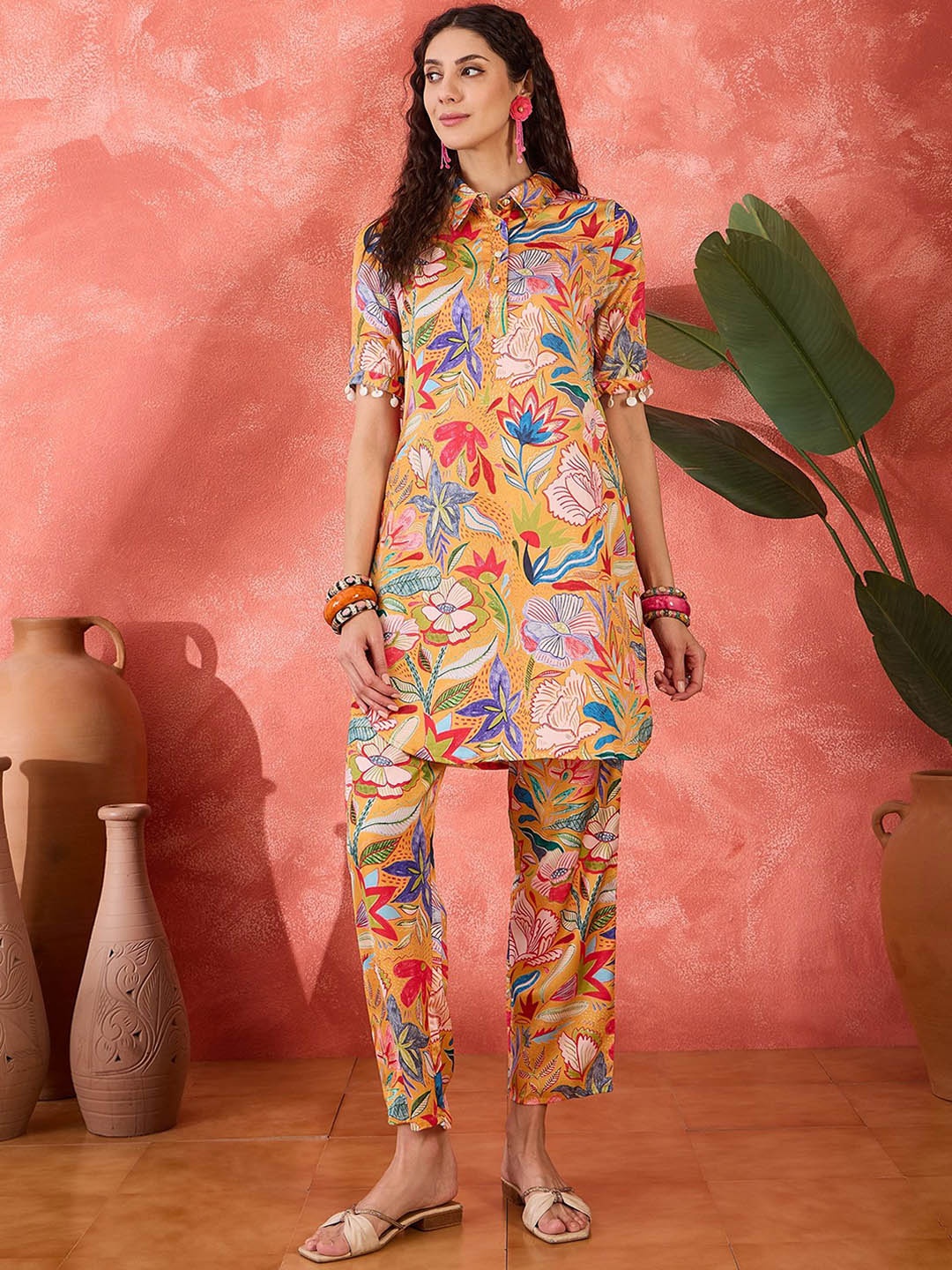 

Sangria Floral Printed Beads and Stones Pathani Kurta with Trouser, Mustard