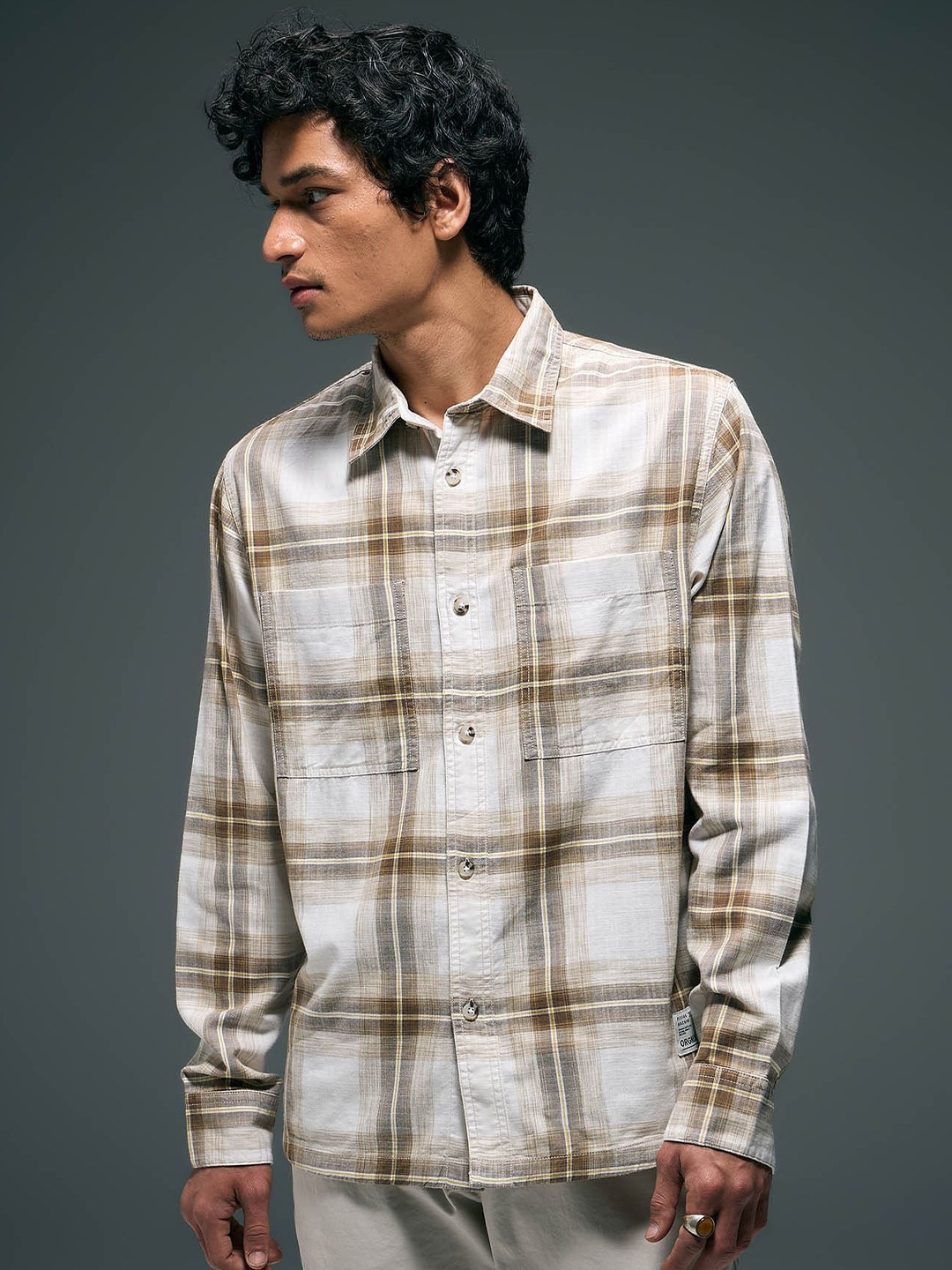 

Flying Machine Men Classic Tartan Checks Opaque Checked Casual Shirt, Beige