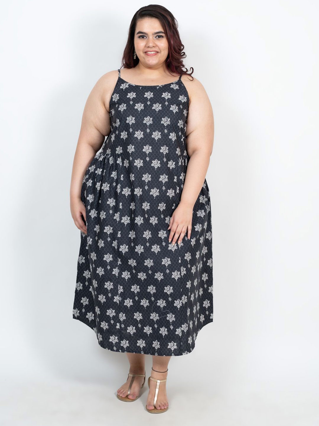 

XOXO Cherry Women Ethnic Motifs Printed A-Line Midi Dress Plus Size, Black