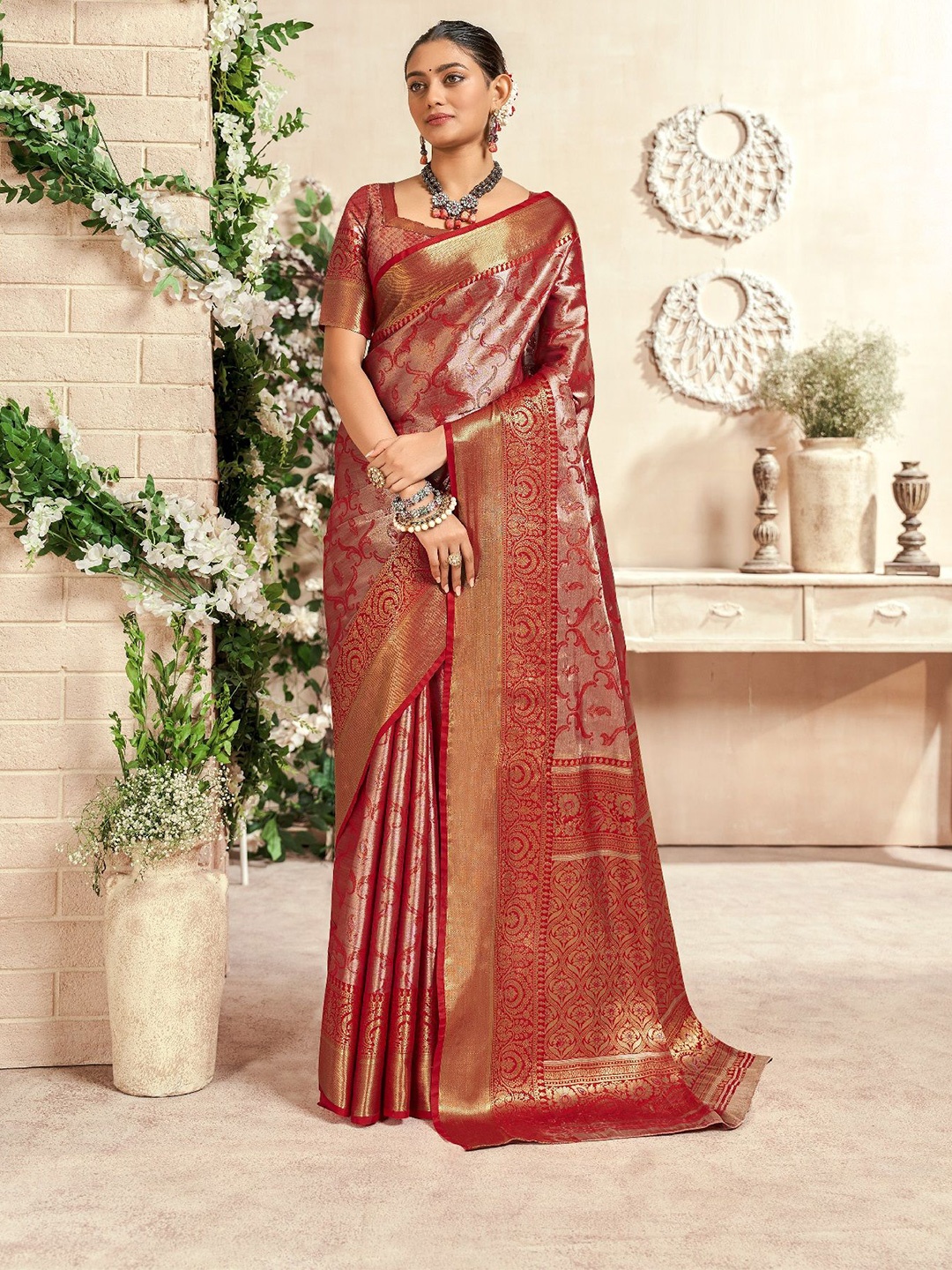 

MAHALASA Woven Design Zari Pure Silk Kanjeevaram Saree, Red