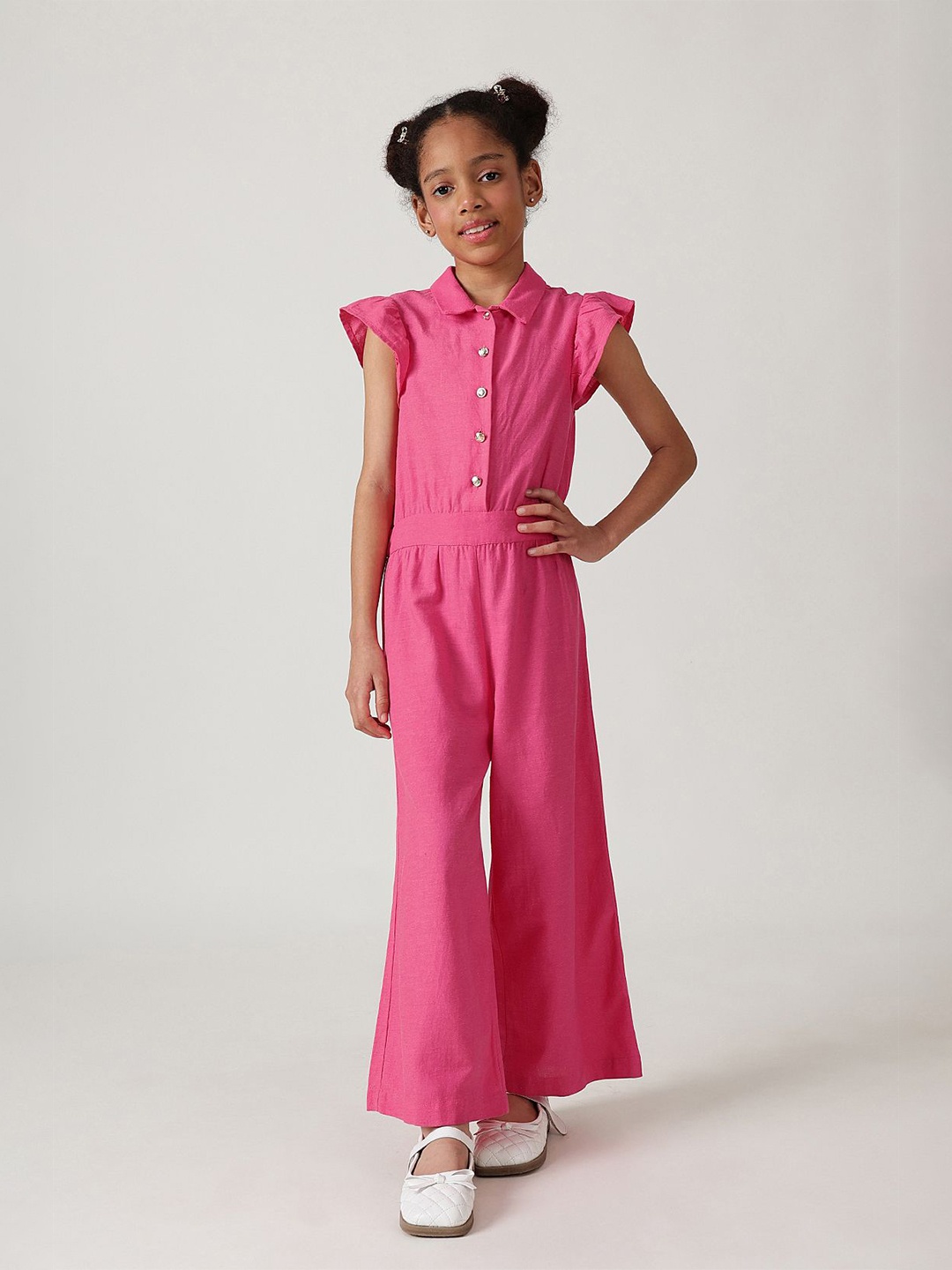 

One Friday Girls Pink Regular Fit Frill Sleeve Solid Jumpsuit