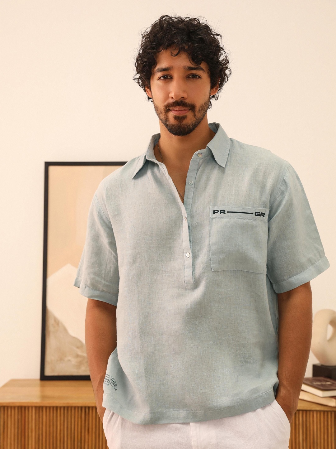 

PRIMAL GRAY Men Oversized Fit Spread Collar Solid Linen Casual Shirt, Grey