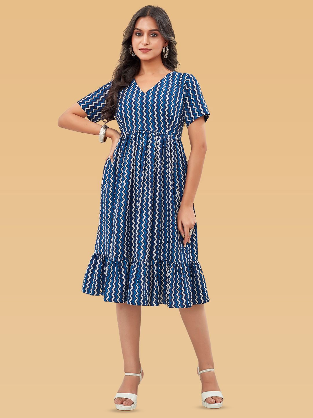 

ODD BY chansi TRENDZ Women Striped Print V-Neck Midi Fit & Flare Dress, Blue