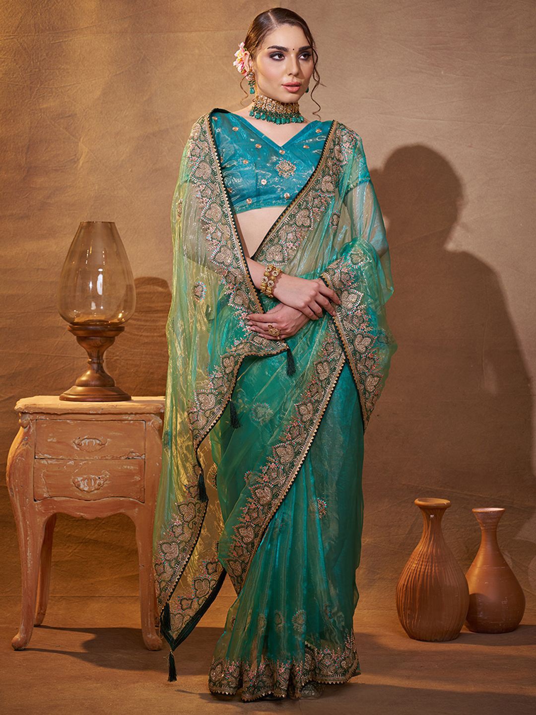 

Kalista Floral Embroidered Tissue Saree, Turquoise blue