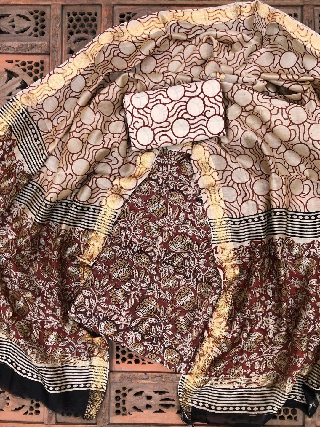 

PALASH Floral Block Printed Pure Silk Unstitched Dress Material, Beige