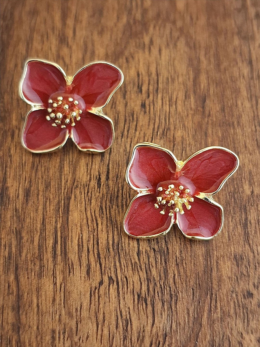 

Zhouse Gold-Plated Crystal Stone Studded Floral Studs, Red