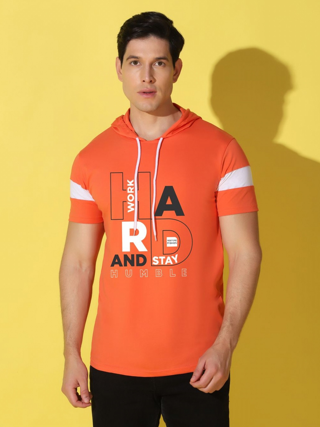 

WOOSTRO Men Typography Printed Hooded Slim Fit T-shirt, Orange