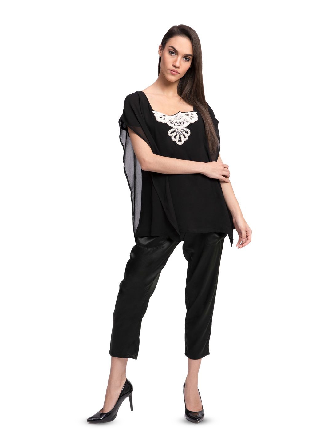 

The Sancy Women Floral Embroidered Square Neck Kimono Sleeve Top, Black