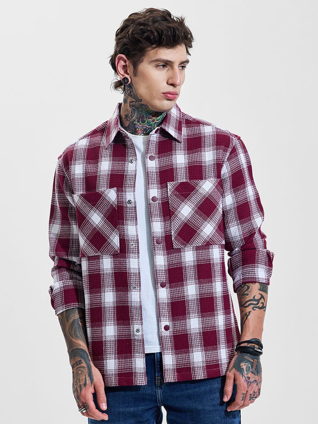 

Snitch Men Relaxed Tartan Checks Opaque Checked Casual Shirt, Burgundy