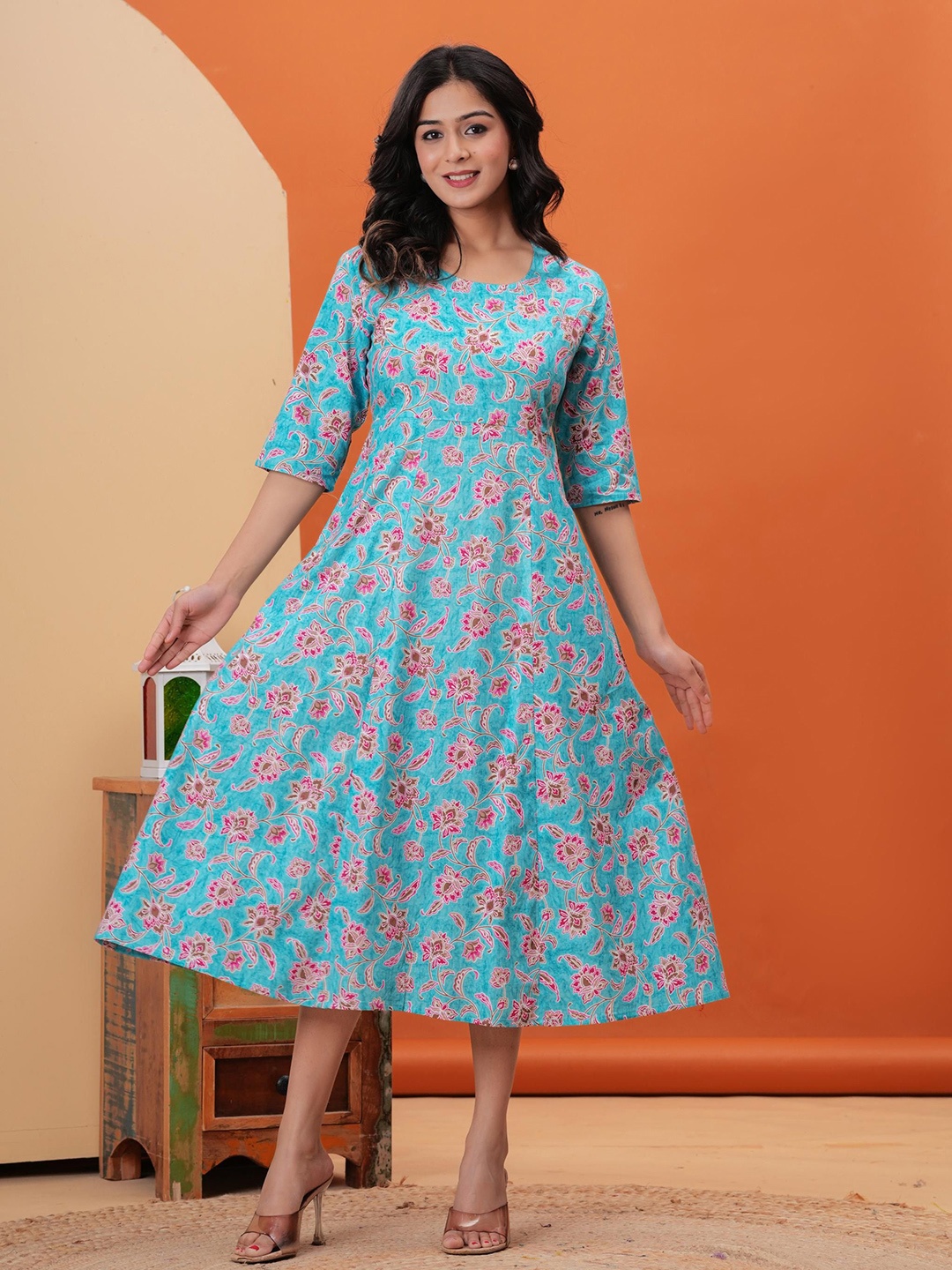 

Sanganeri Kurti Women Floral Print Round Neck Long Sleeves Fit & Flare Midi Dress, Blue