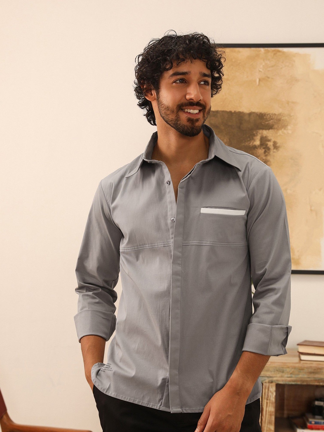 

PRIMAL GRAY Men Relaxed Fit Spread Collar Solid Cotton Casual Shirt, Grey