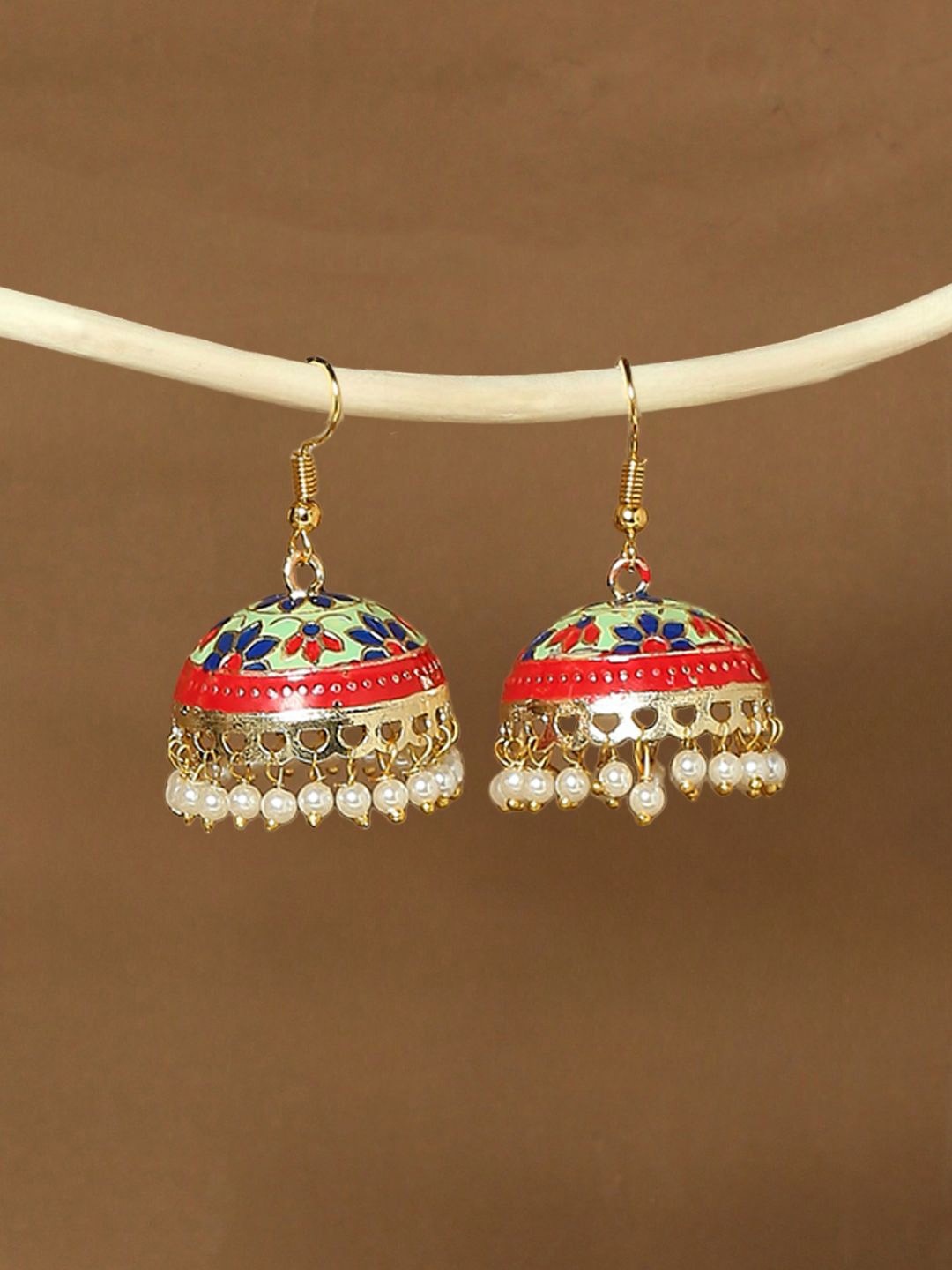 

Anouk Artificial Stone Studded & Beaded Dome Shaped Meenakari Jhumkas, Gold