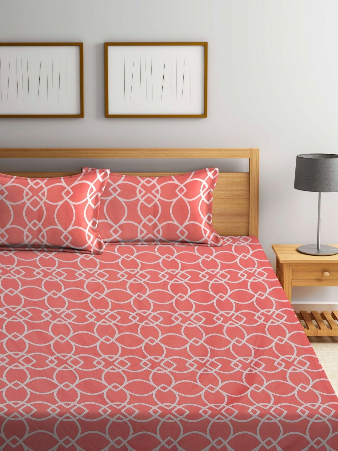 

Myntra Elegant Homes Peach & White Printed Fitted 300 TC King Bedsheet Set 2.50m x 2.25m