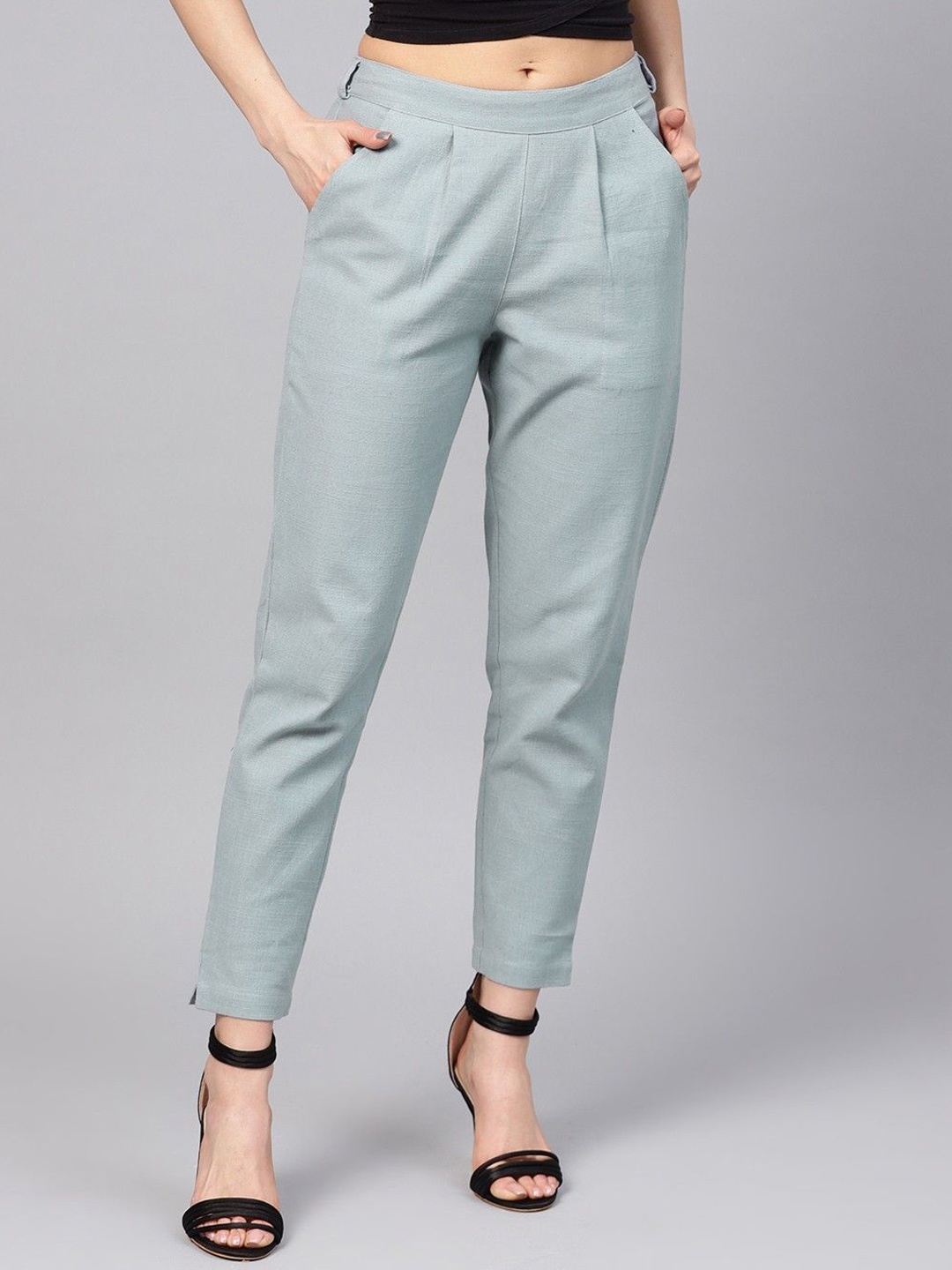 

CORSICA Women Relaxed Regular Fit Mid-Rise Pleated Cotton Cigarette Trouser, Grey