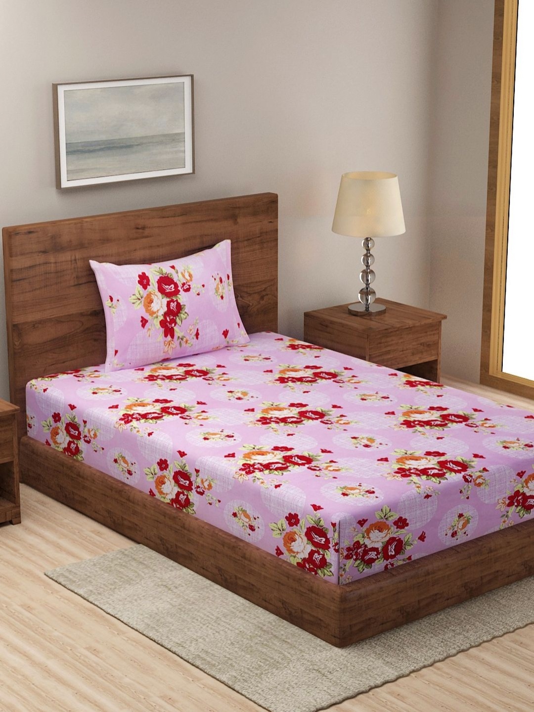 

Myntra Elegant Homes Pink Floral Printed 300 TC Single Bedsheet Set 2.2 m x 1.5 m