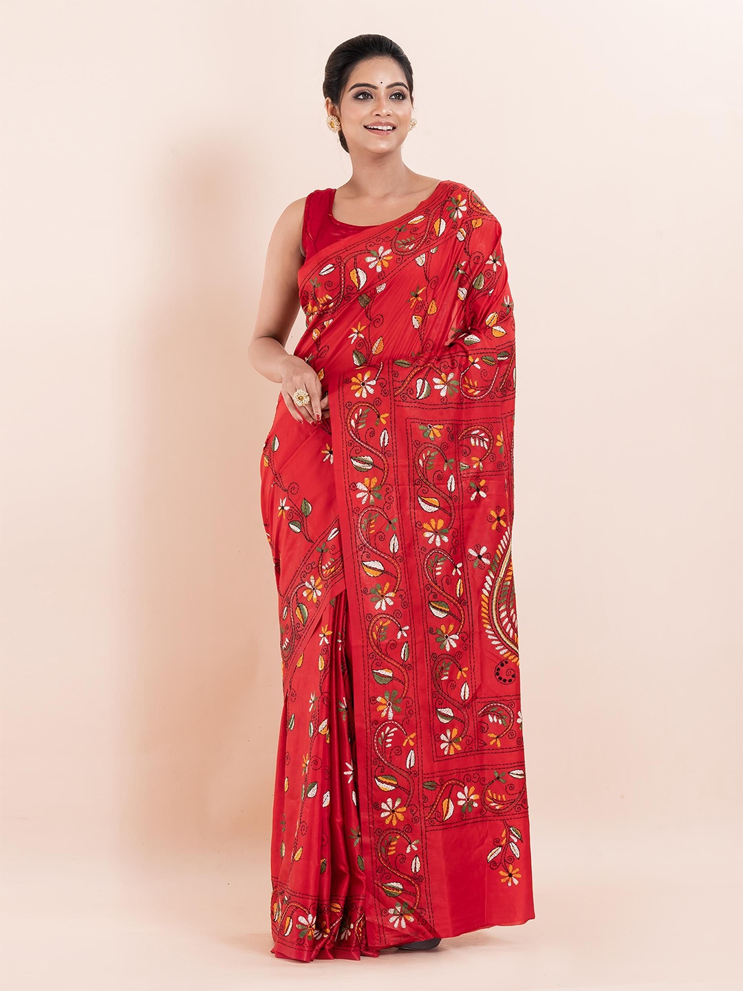 

PUKU Ethnic Motifs Kantha Work Silk Blend Heavy Work Saree, Red