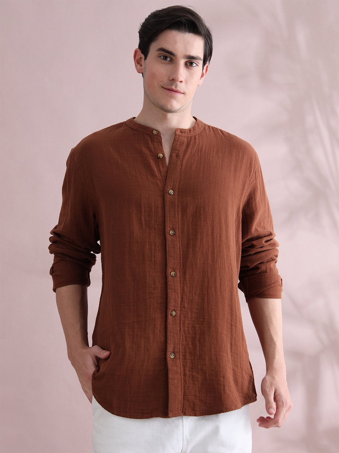

StitchX Men's Long Sleeve Mandarin Collar Shirt, Brown