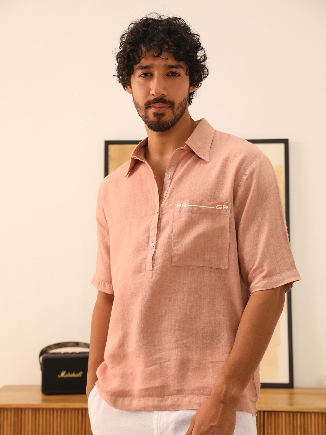 

PRIMAL GRAY Men Oversized Fit Spread Collar Solid Linen Casual Shirt, Peach