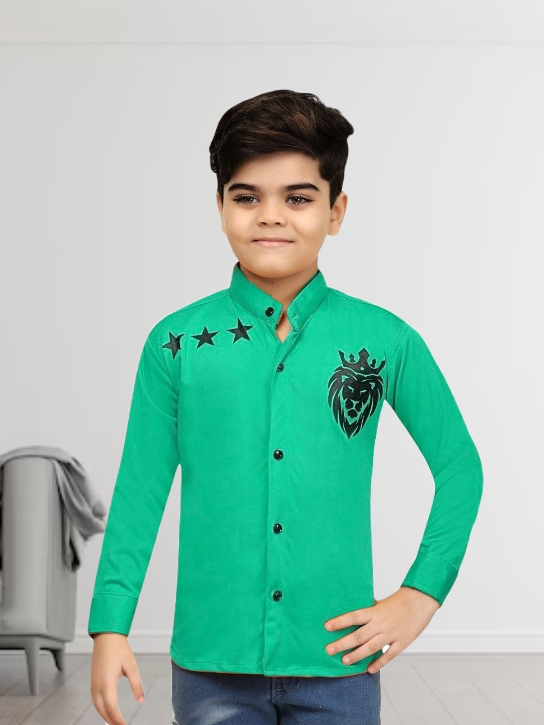 

BAESD Boys Classic Regular Fit Mandarin Collar Graphic Printed Casual Shirt, Green