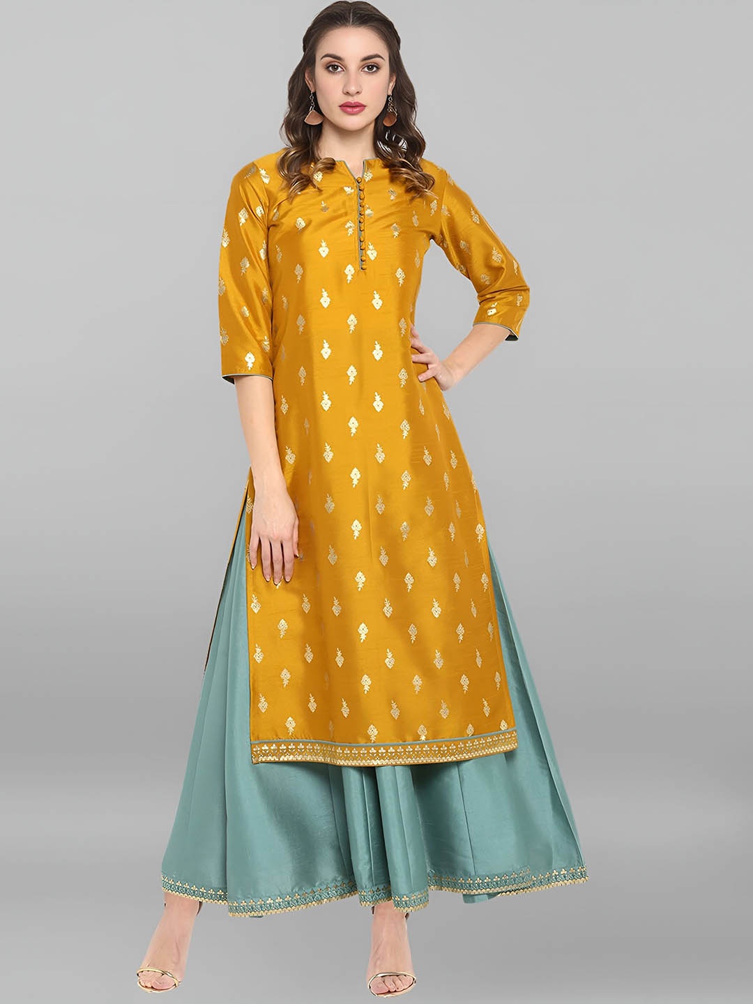 

Shree Infinity Export Floral Printed Notch Neck Pure Cotton Kurta, Yellow