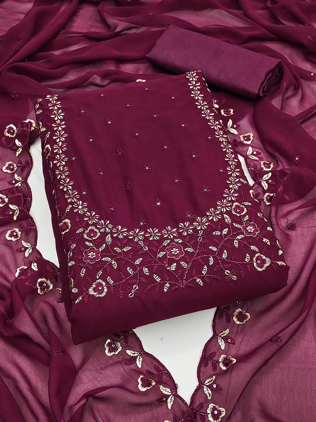 

SHADOW & SAINING Floral Embroidered Sequinned Silk Georgette Unstitched Dress Material, Burgundy