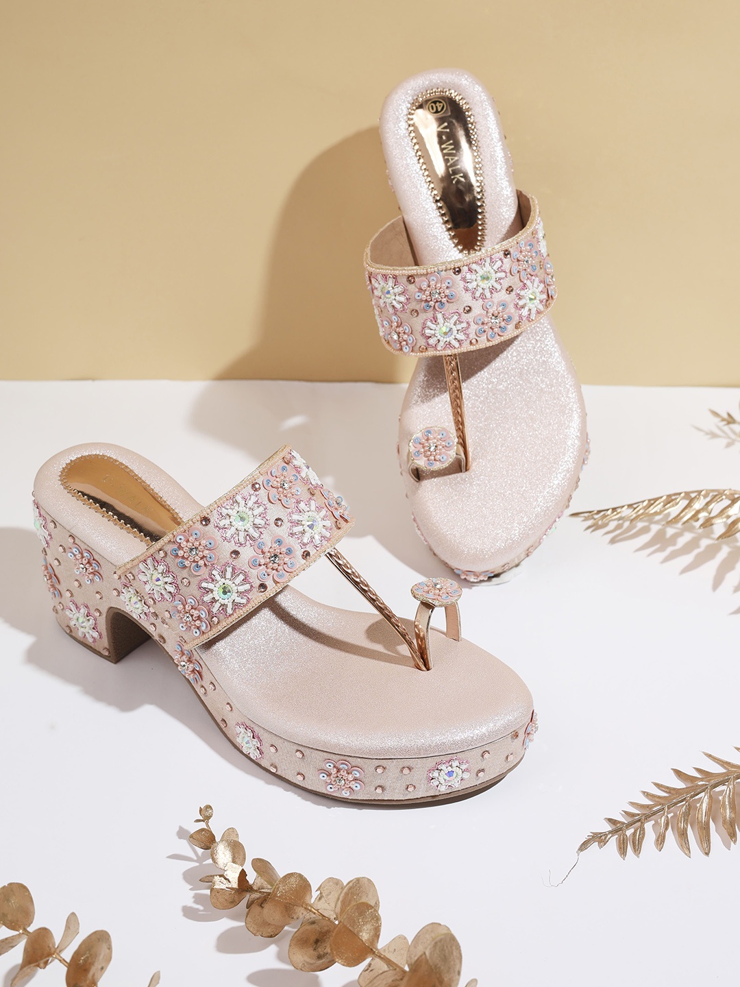 

V-WALK Women Ethnic Embellished Block Heeled Sandals, Champagne