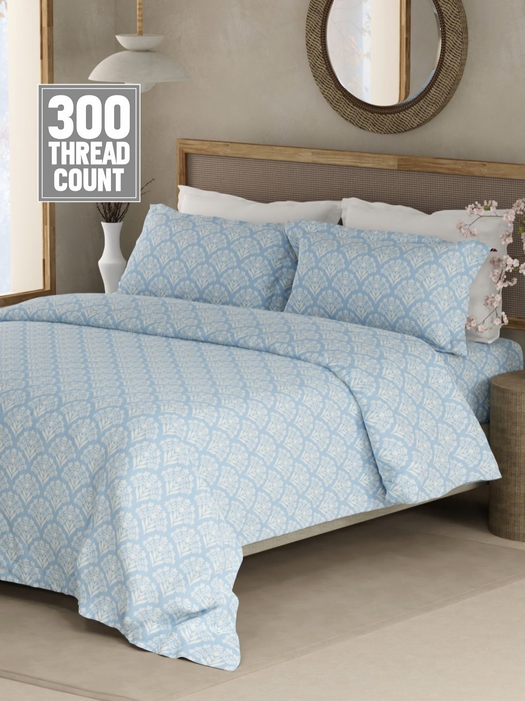 

Boutique Living India Blue & White Printed Cotton 300TC King Bedsheet Set 2.74m x 2.74m