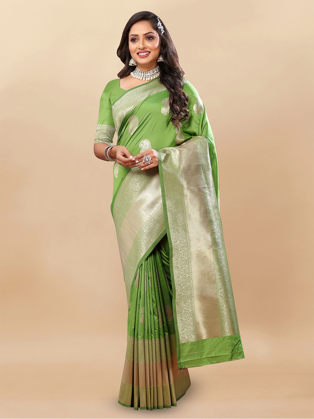 

VEECHIS Woven Design Zari Silk Blend Banarasi Saree, Sea green