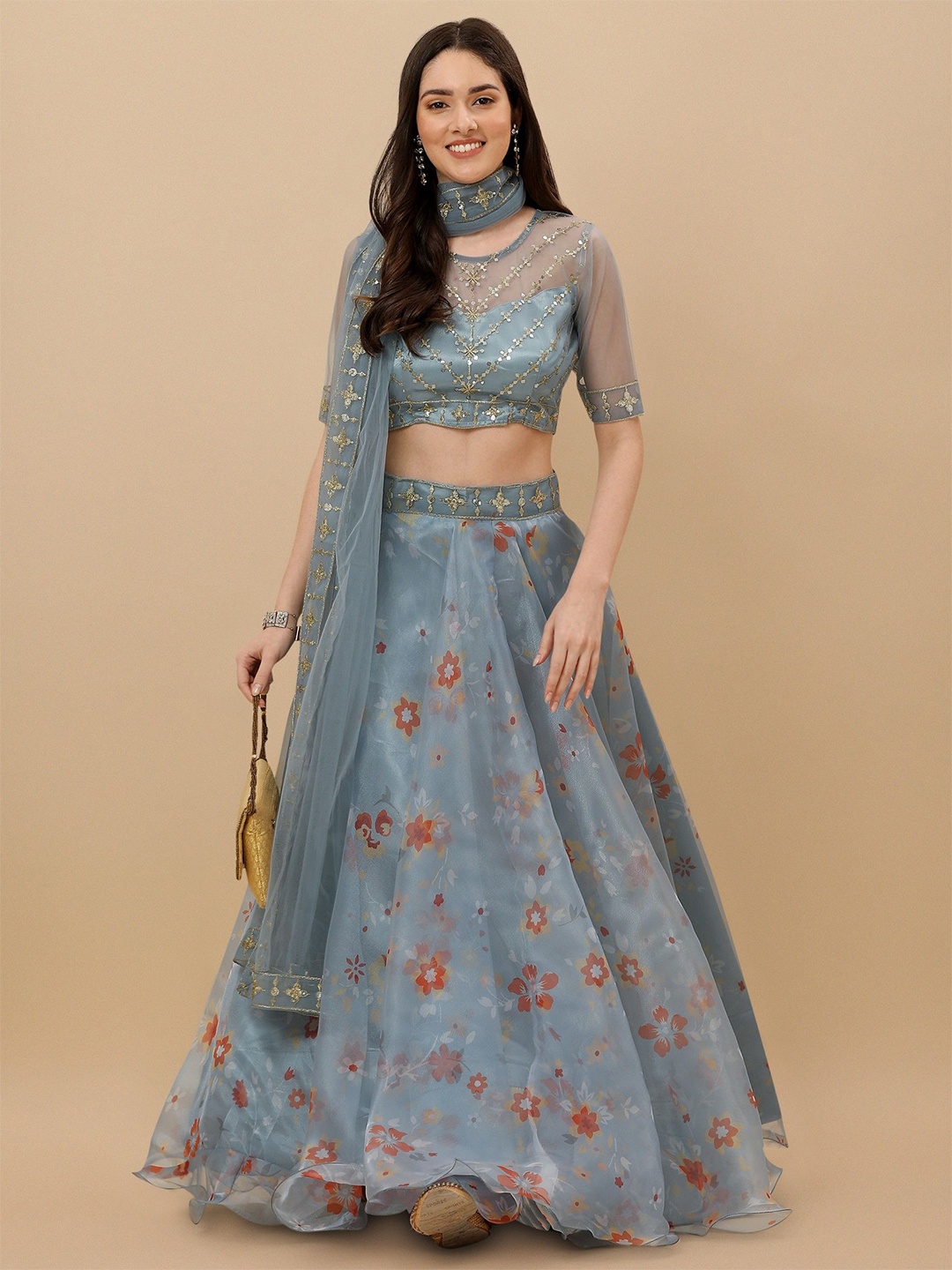 

BAESD Floral Embroidered Semi-Stitched Lehenga & Unstitched Blouse With Dupatta, Grey