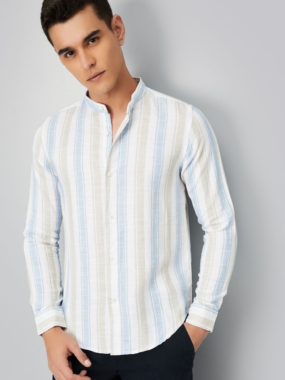 

max Men Opaque Striped Casual Shirt, Blue