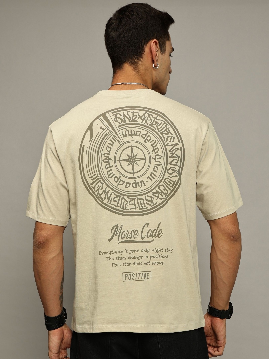 

MORSE CODE Men Printed Drop-Shoulder Sleeves T-shirt, Beige